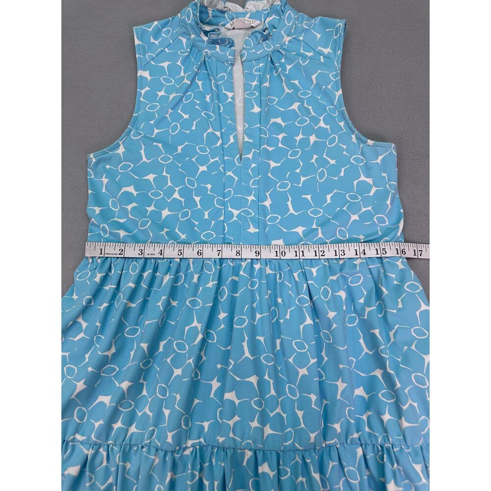 Mahi Gold Blue & White Geometric Tiered Dress Sleeveless Ruffle Neck Size Small - Picture 7 of 8